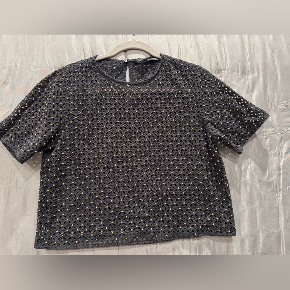 Zara Black Eyelet Short Sleeve Top